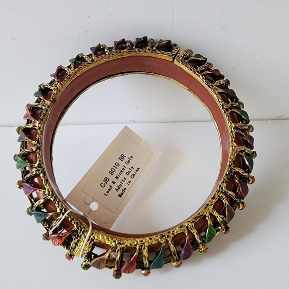 NWT Brown Antique Gold Leaf Crystal Tube Beaded Bangle Bracelet‎ - Picture 3 of 8
